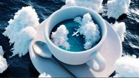 Paysage de rêve dans une tasse de café : Un avion au milieu des eaux nuageuses