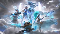 Arte de splash dos skins do Campeonato Mundial da Damwon Gaming apresentando Jhin, Leona, Twisted Fate, Nidalee e Kennen