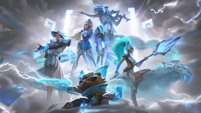 Damwon Gaming Worlds Championship Skin Splash Art featuring Jhin, Leona, Twisted Fate, Nidalee, and Kennen