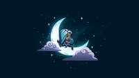 dream, cute girl, bedtime story, crescent moon, dark blue wallpaper