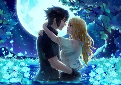 Un abrazo romántico entre dos personajes en un entorno sereno iluminado por la luna, rodeados de flores brillantes y un cuerpo de agua tranquilo, evocando temas de amor y conexión en un estilo inspirado en el anime.