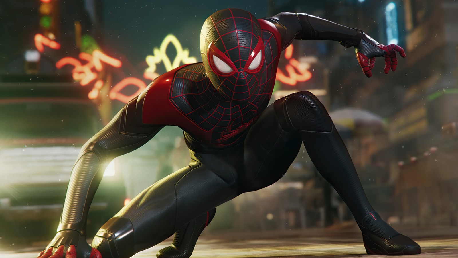 Человек-паук в черном костюме присел на городскую улицу (marvels spider man miles morales, инсомниак, playstation 5, видеоигра)