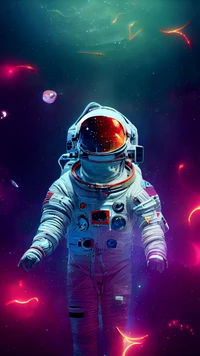 Magenta Traumlandschaft: Ein Astronaut, der ein kosmisches Reich navigiert