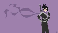 Personnage d'anime minimaliste avec une épée et un ruban flottant sur fond violet