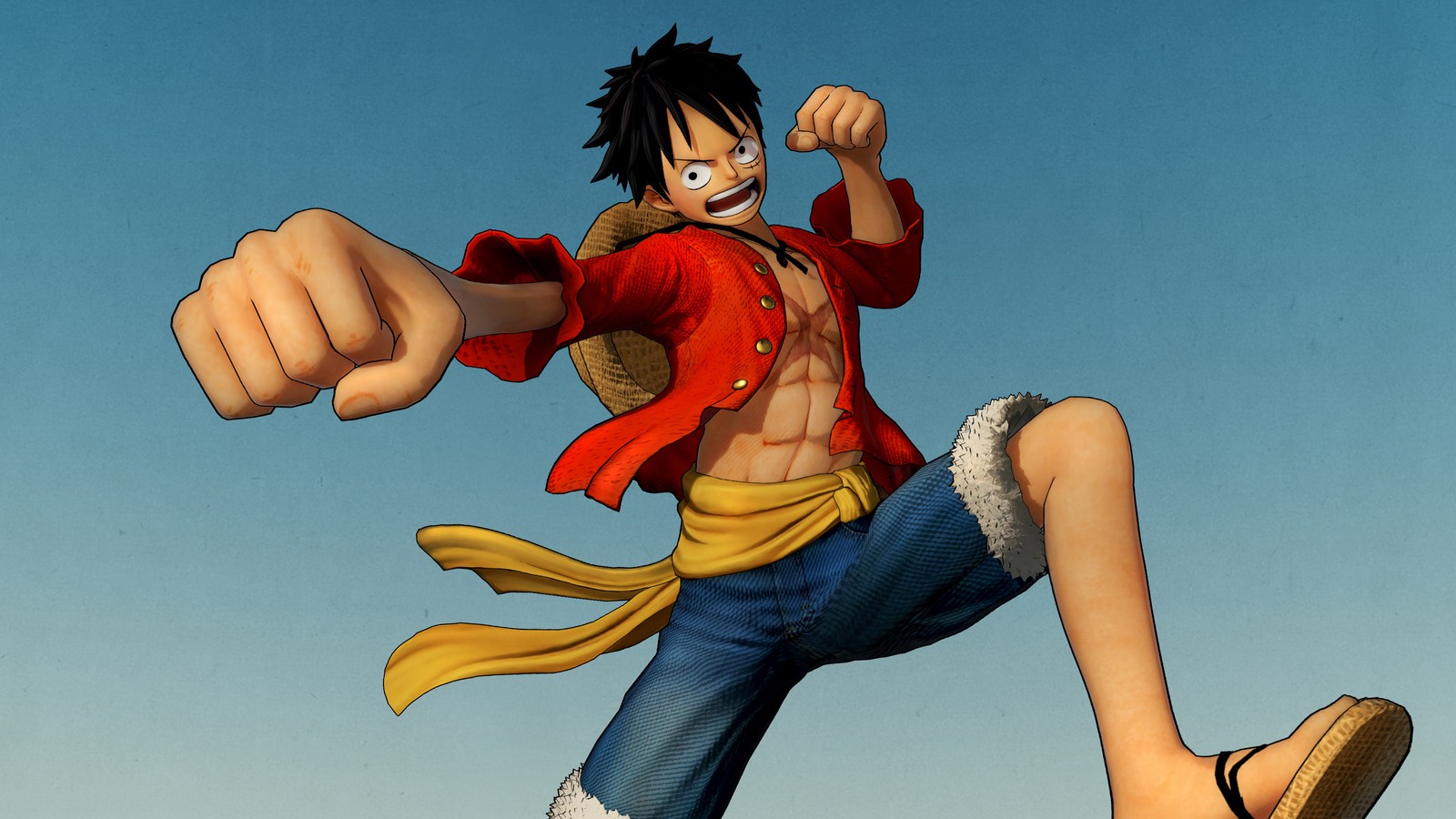 Gros plan d'un personnage de dessin animé avec un poing levé (monkey d luffy, one piece pirate warriors 4, jeu vidéo)