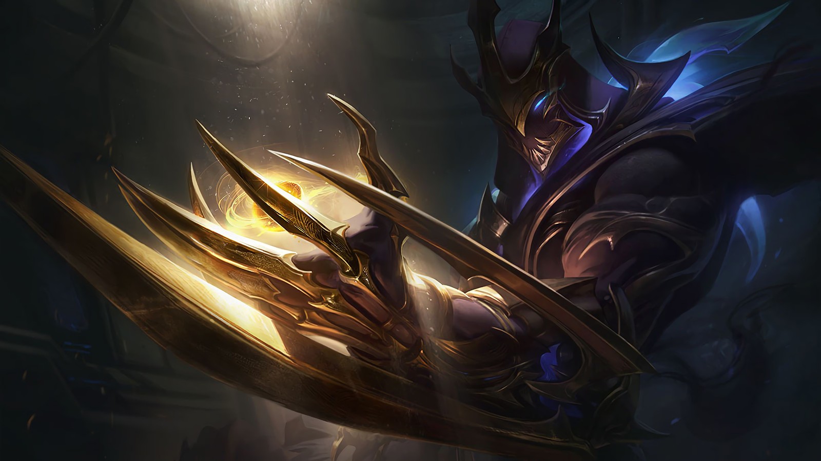 A close up of a person holding a sword in a dark room (zed, splash art, league of legends, lol, video game)