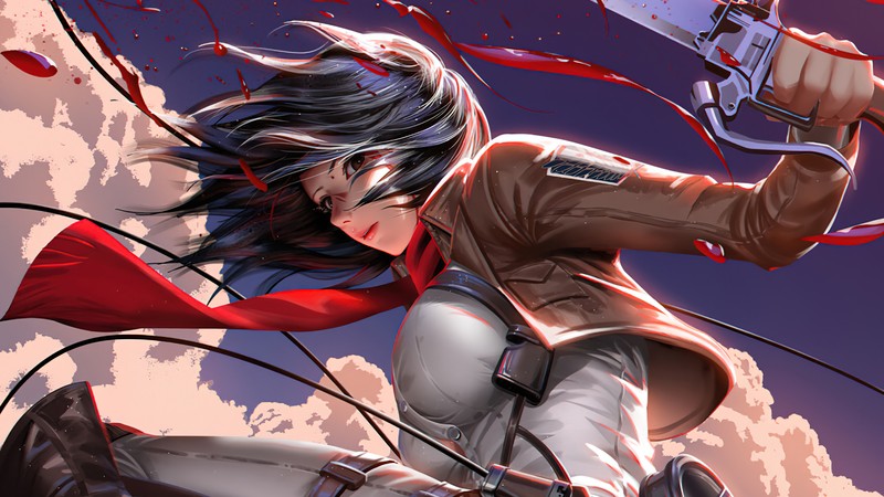 Женщина с ножом и красным плащом летит по воздуху (mikasa ackerman, атака титанов, attack on titan, shingeki no kyojin, aot)