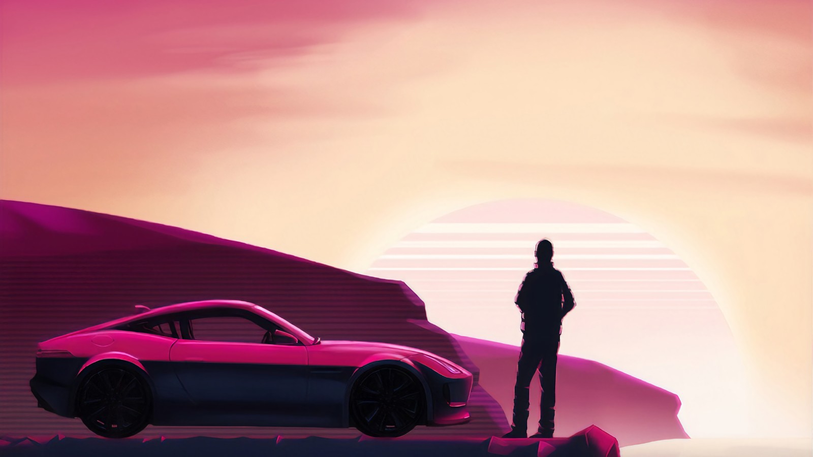 Uma imagem borrada de um homem ao lado de um carro esportivo rosa (synthwave, arte digital)