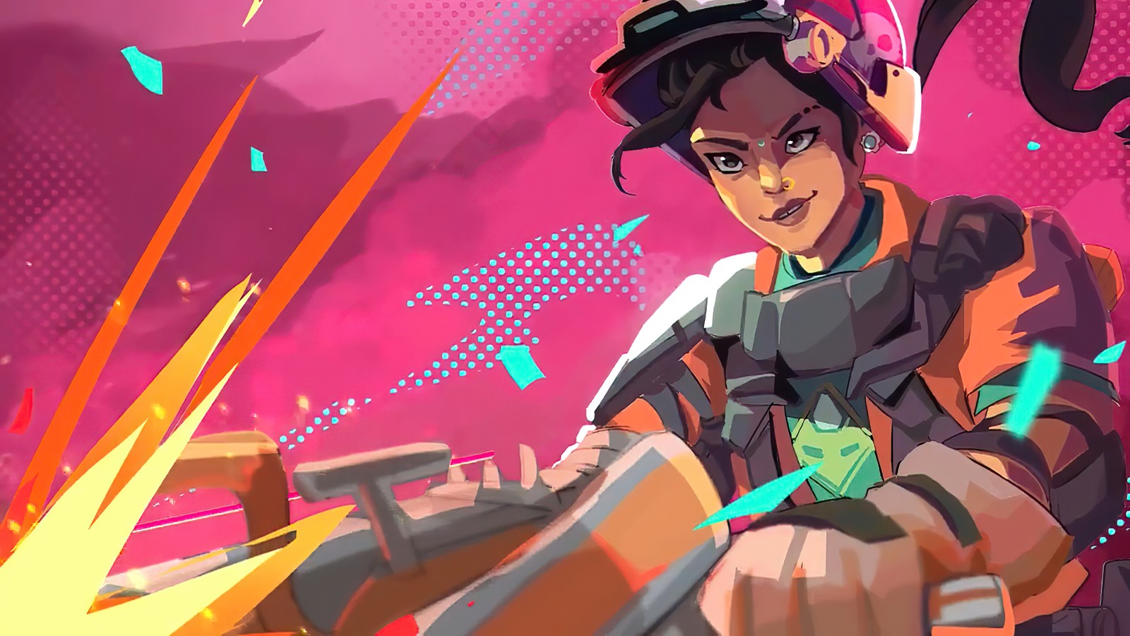 Un primer plano de una persona sosteniendo un arma en un fondo rosa (murallas, apex legends, videojuego)