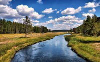 Reflective River Amidst Lush Wilderness and Scenic Clouds