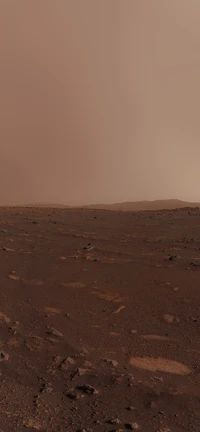 Paysage martien : vue du rover Perseverance sur des formes de relief éoliennes sous un horizon teinté de brun