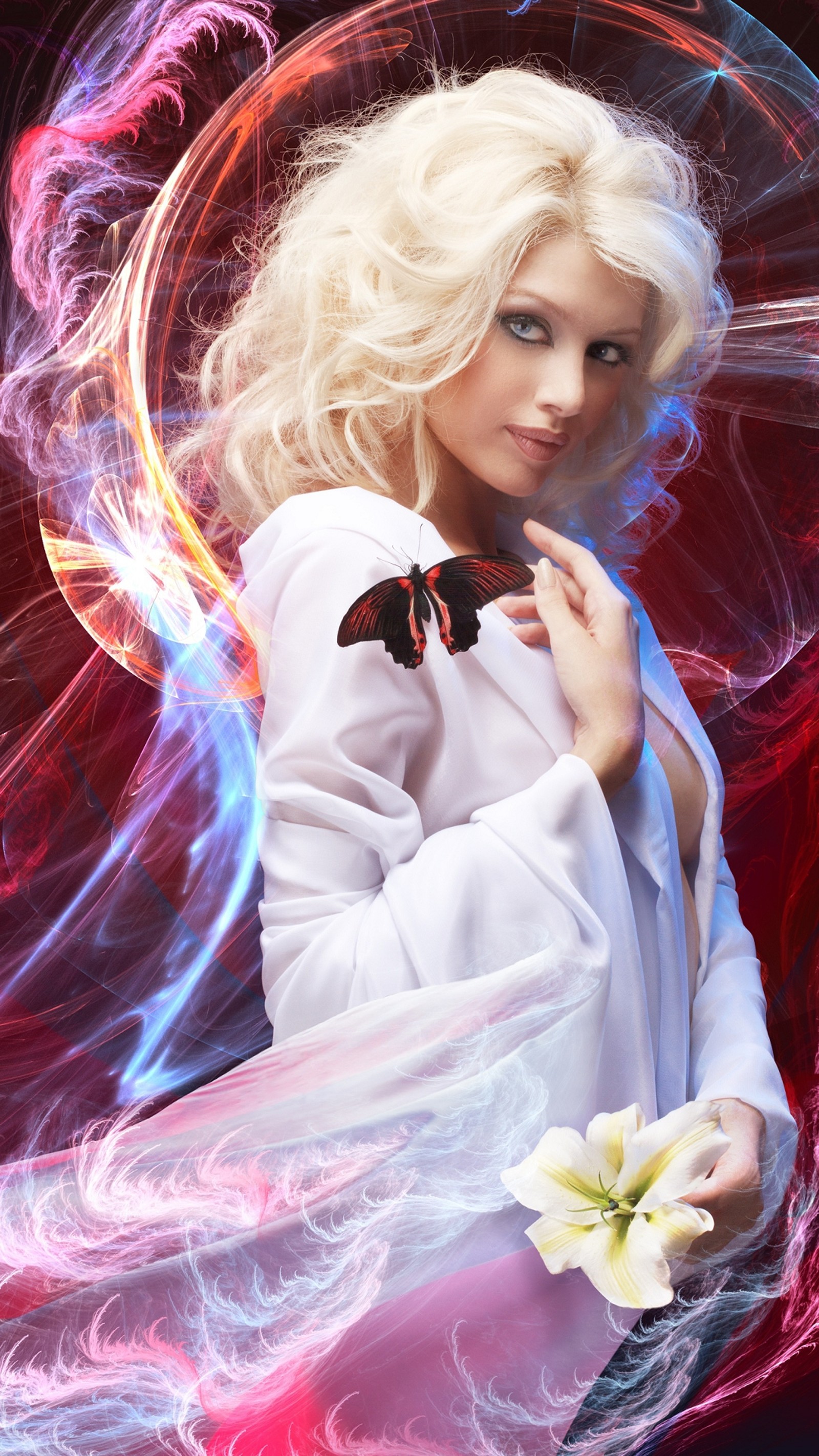 Femme blonde avec un papillon dans une robe blanche sur fond rouge (beauté, portrait, peinture, lèvre, coiffure)