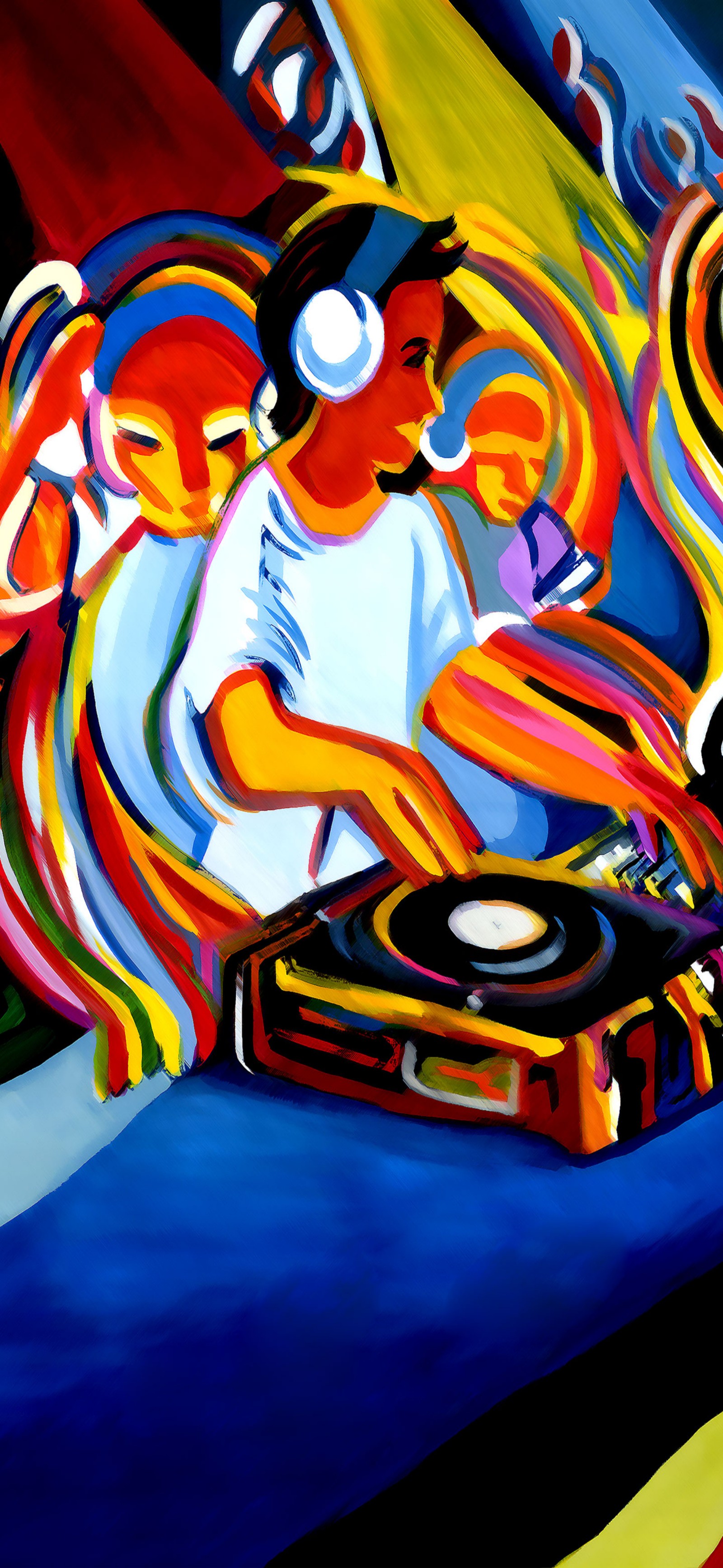 Painting of a man playing a dj on a turntable (art, paint, painting, graffiti, hood)