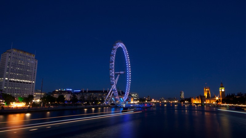 Вид на колесо обозрения и часовую башню ночью (лондонский глаз, london eye, река темза, колесо обозрения, достопримечательность)