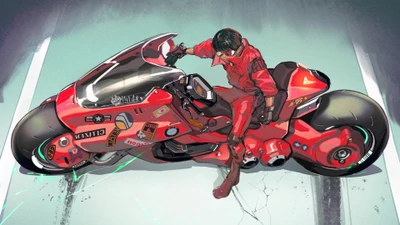 Von Akira inspirierte Anime-Figur auf einem futuristischen Motorrad