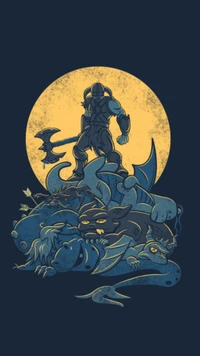 Skyrim Warrior Amidst Mythical Beasts Under a Crescent Moon