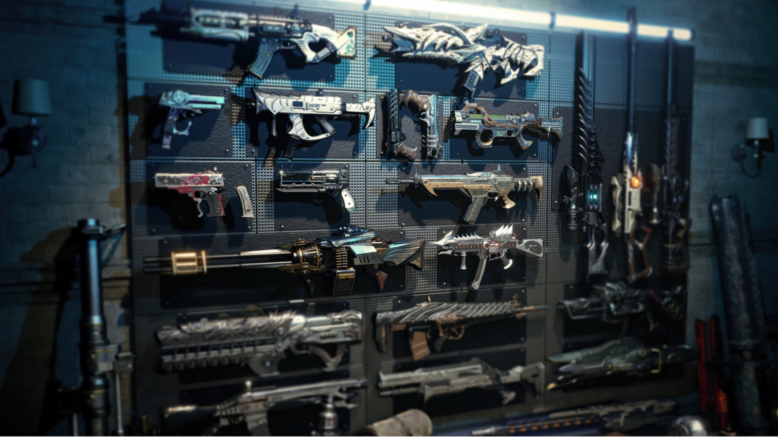 There are many guns on the wall in this room (the first descendant, video game, weapons)