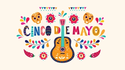 Vibrante celebración del Cinco de Mayo con guitarra y decoraciones coloridas