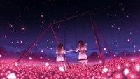 Surreal Pink Fantasy: Friends on a Swing Among Carnation Blossoms