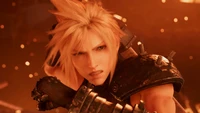 Cloud Strife in intense battle from Final Fantasy 7 Remake.