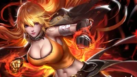 Yang Xiao Long in einer dynamischen Pose, die ihre feurigen Kräfte und ihren selbstbewussten Ausdruck zeigt, verkörpert Stärke und Entschlossenheit.