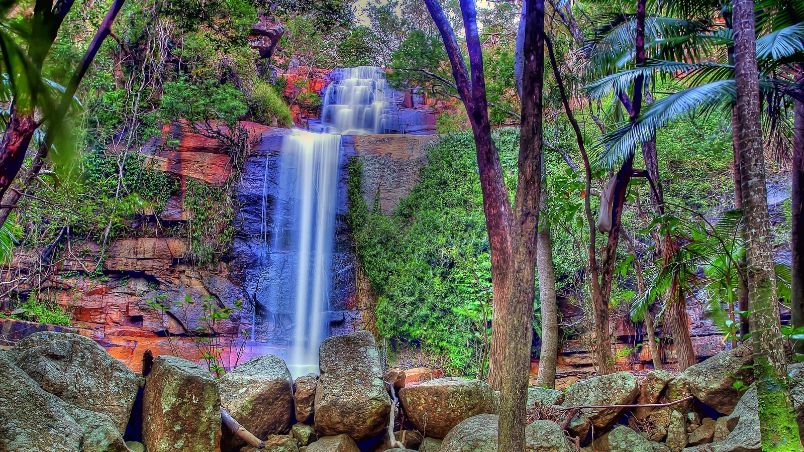 Une vue d'une chute d'eau dans une forêt tropicale avec des rochers et des arbres (eau, arbre, végétation, la cascade, nature)