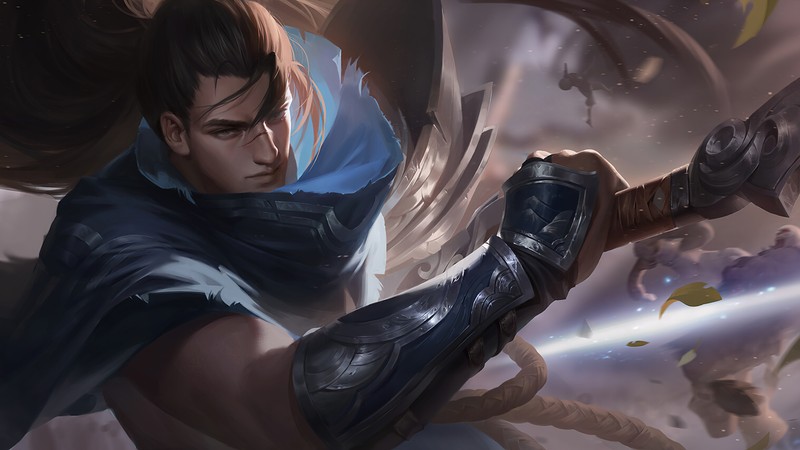 Крупный план мужчины, держащего меч в руке (yasuo, league of legends, lol, видеоигра, искусство)