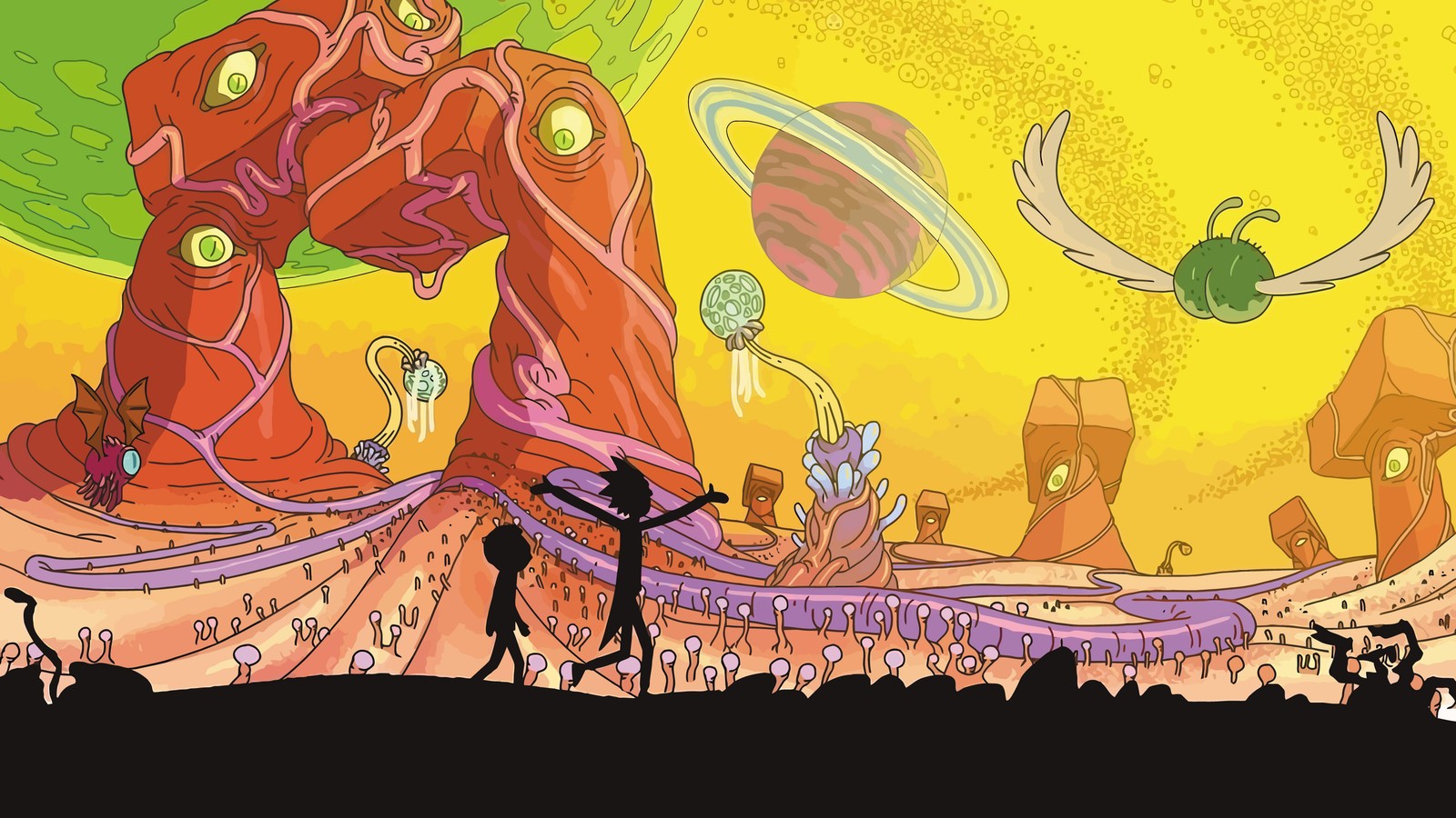 A cartoon picture of a giant robot with a giant alien in the background (rick and morty, tv series)