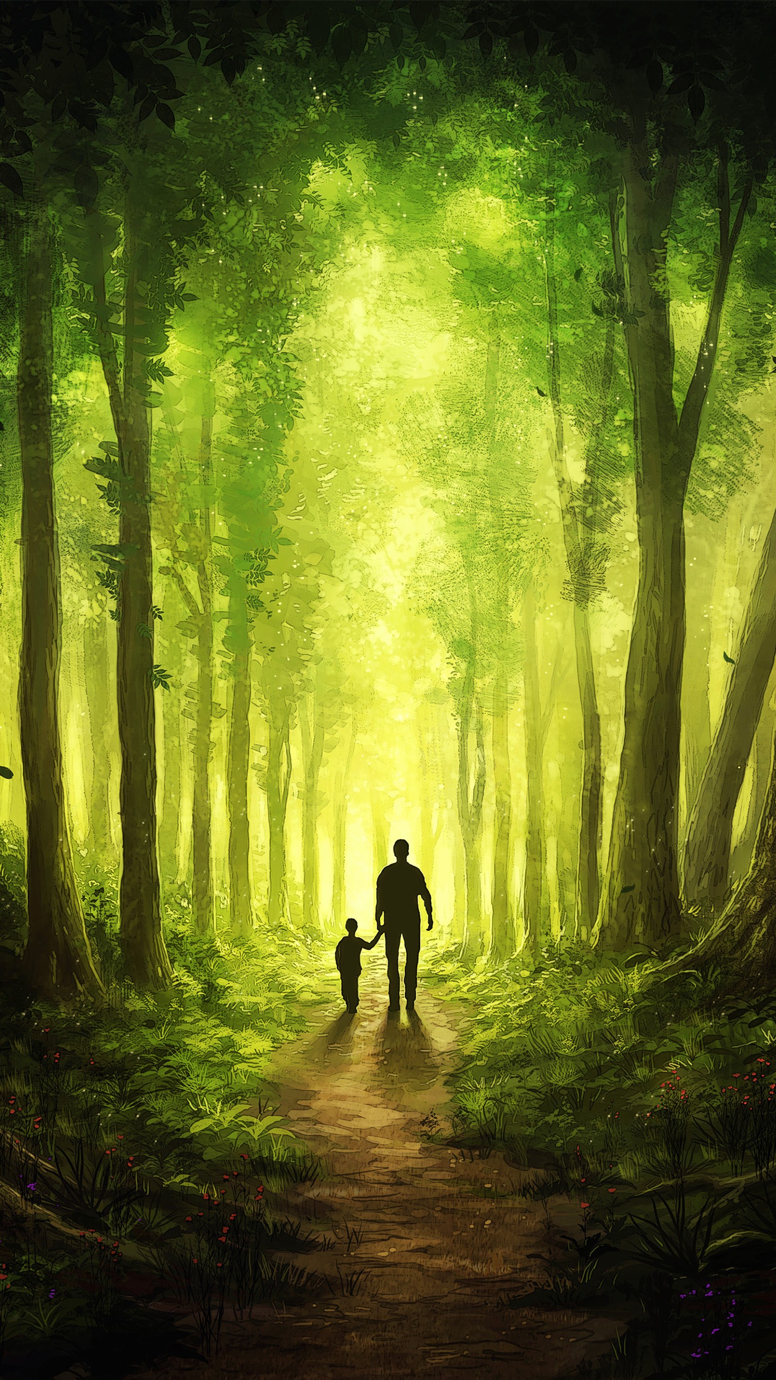 There is a man and a child walking down a path in the woods (painting, landscape painting, art, digital art, digital painting)