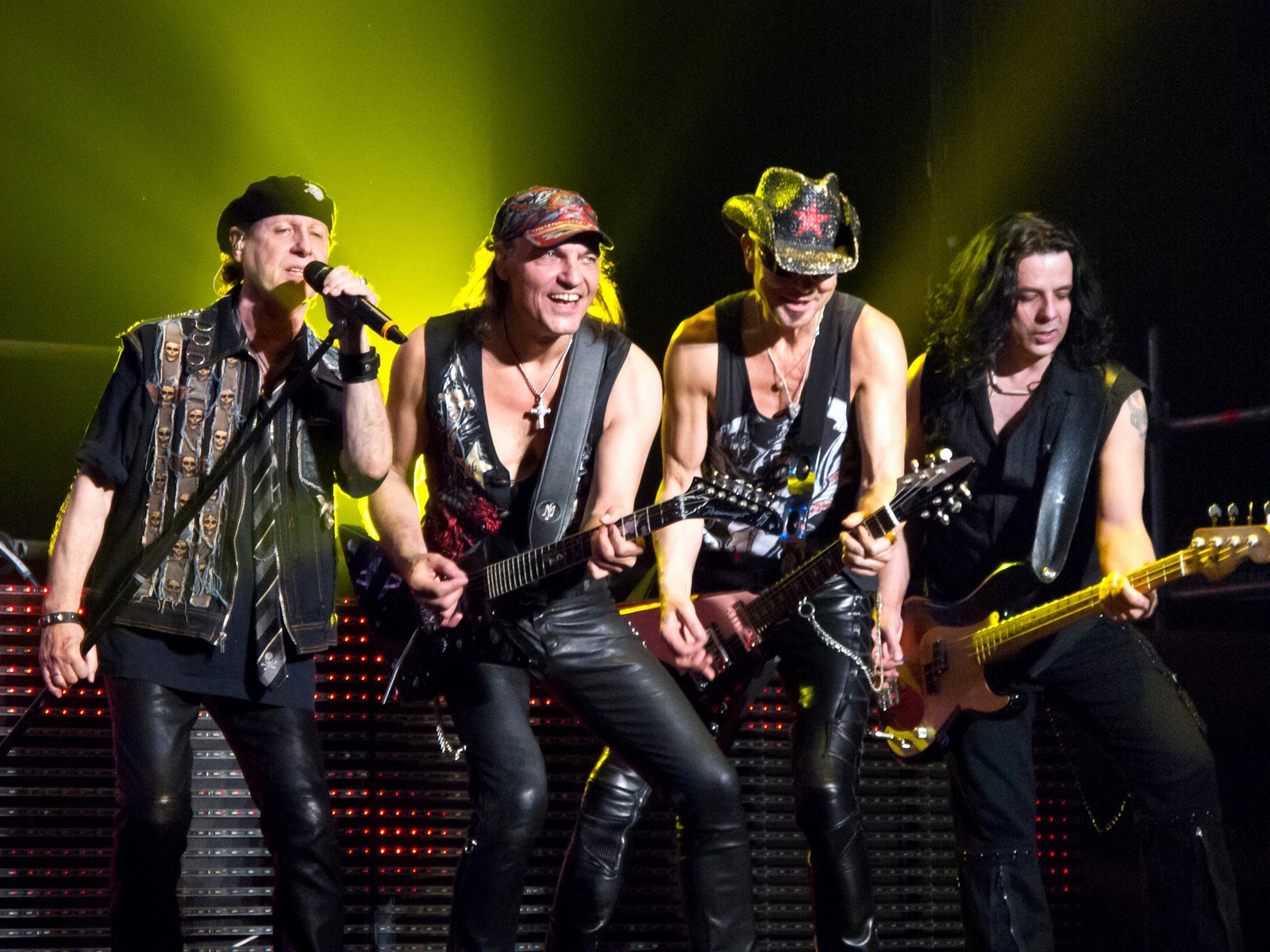 They are all wearing leather pants (scorpions, hard rock, musical ensemble, performance, entertainment)