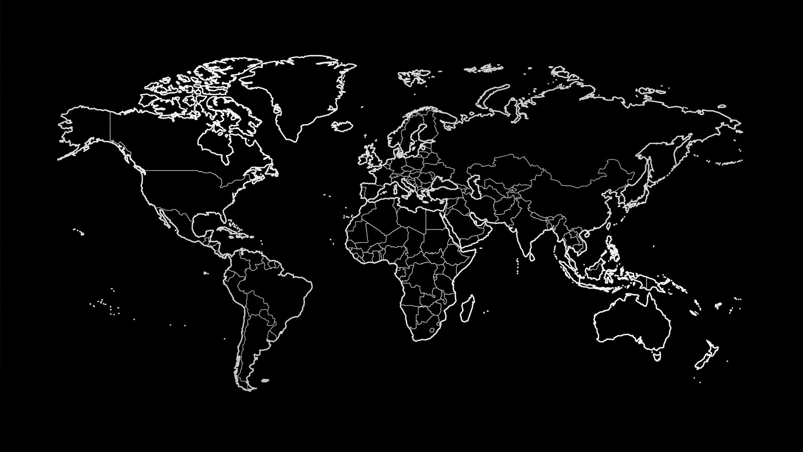 world map, outline, black and white, 5k, black background wallpaper