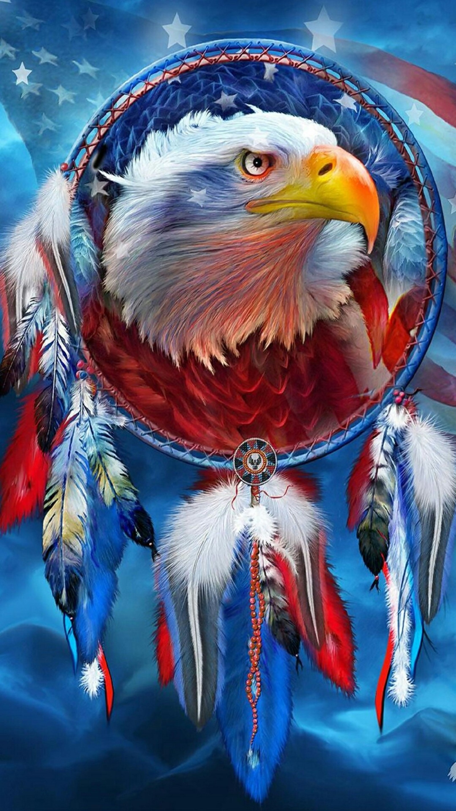 Painting of an eagle with a flag and feathers in the background (america, eagle, us)