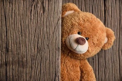 Abrazo cálido: Un oso de peluche asomándose detrás de madera rústica