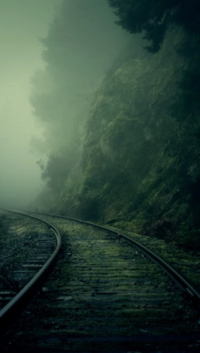 Brouillard mystique enveloppant les rails de train