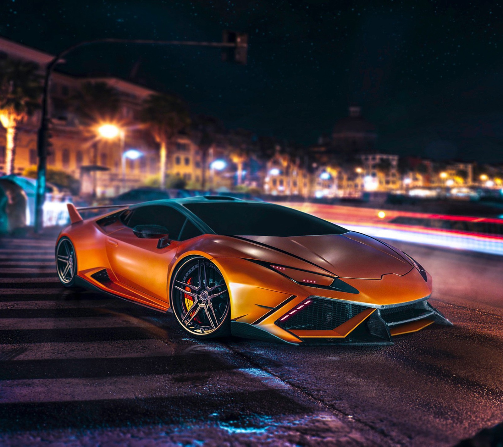 Eine nahaufnahme eines autos auf einer stadtstraße bei nacht (auto, huracan, lamborghini, fahrzeug)