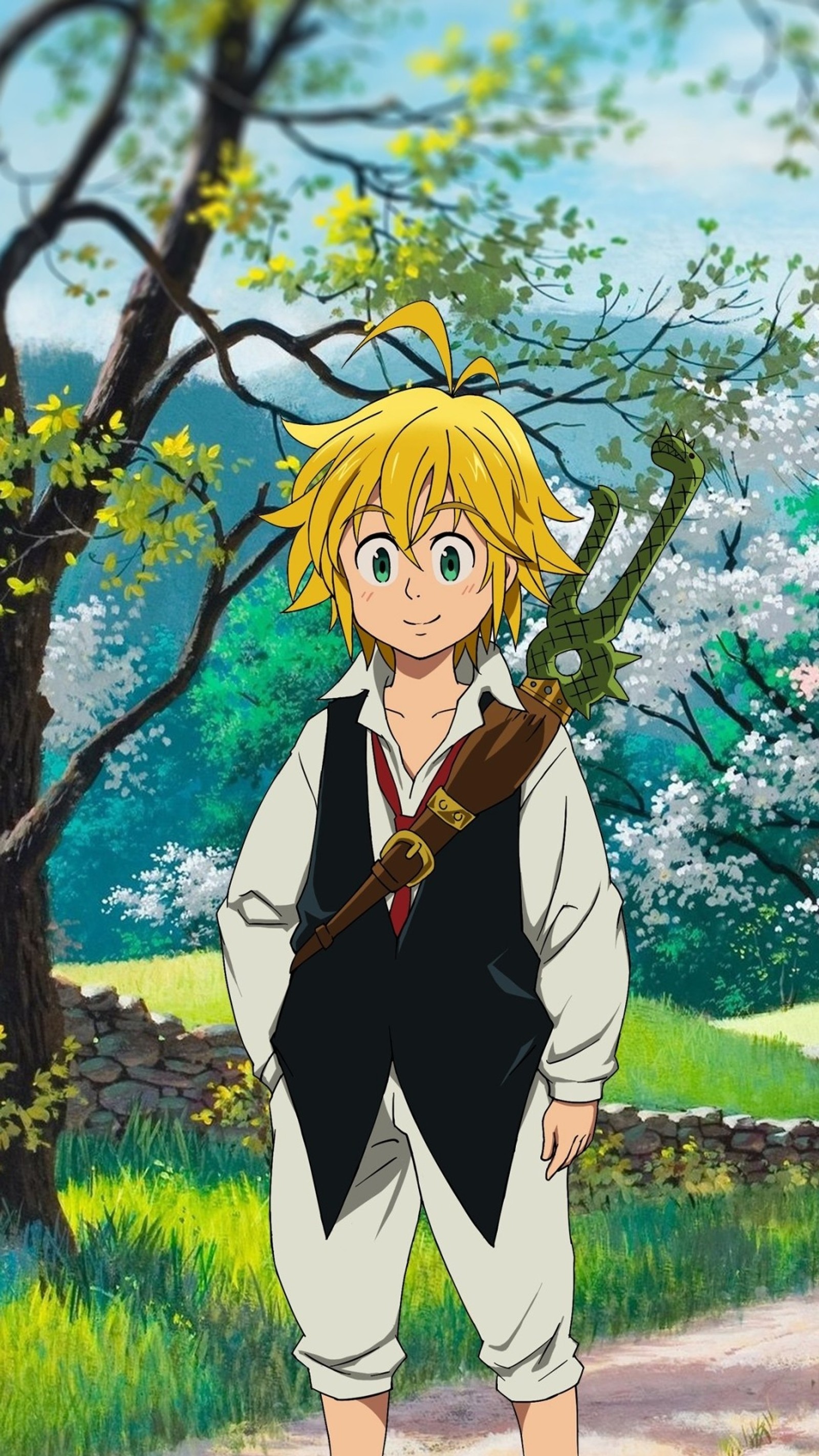 A cartoon image of a young boy standing in front of a tree (7 deadly sins, action, anime, cartoon, japan)