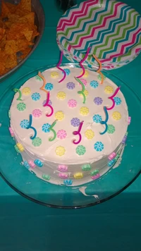 Colorful birthday cake adorned with pastel flowers and candles on a festive table.