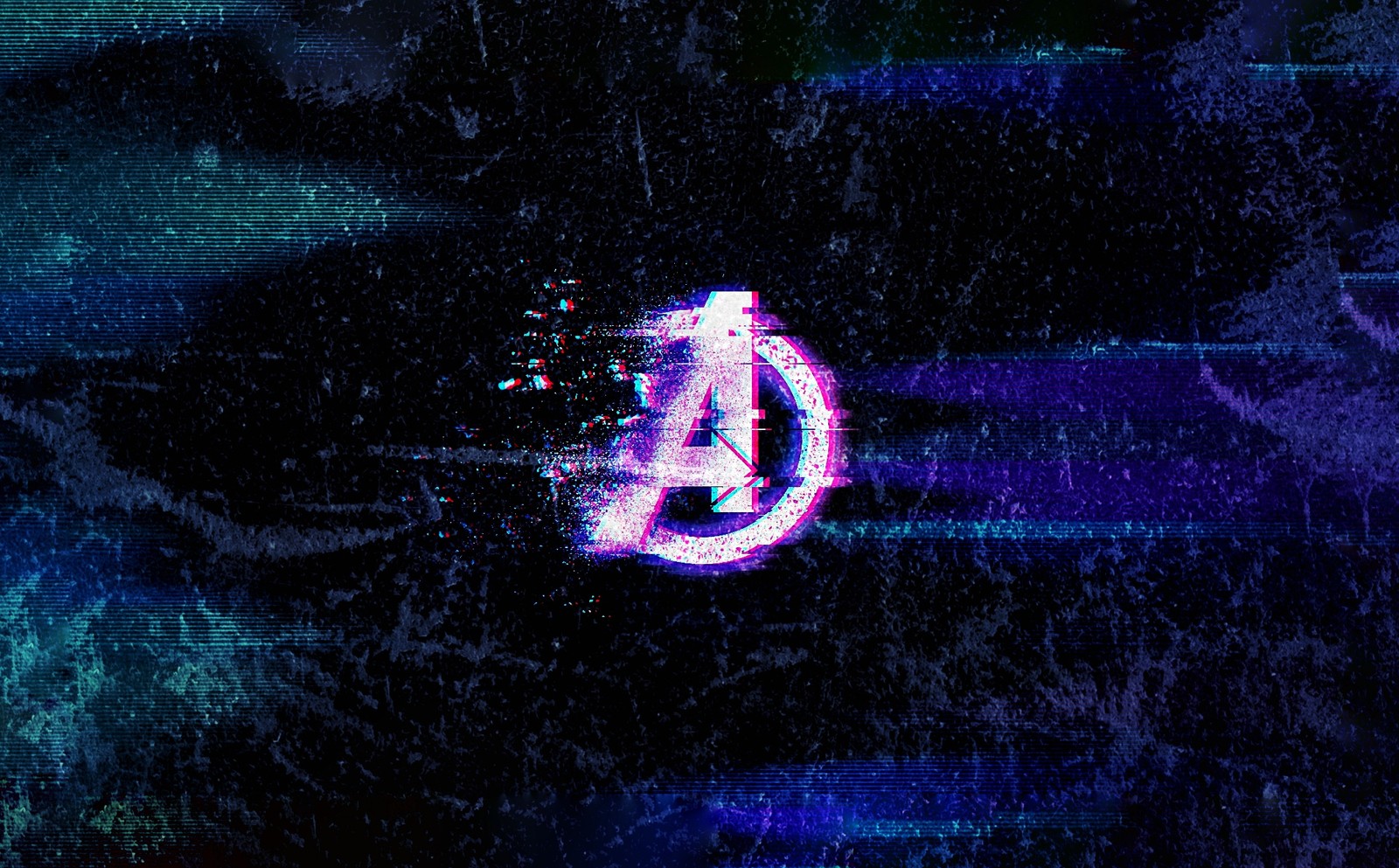 Avengers logo on a grunge background with a blue and purple light (agd, avengers, avengers dust, avengers dust glitch, avengers dust red)