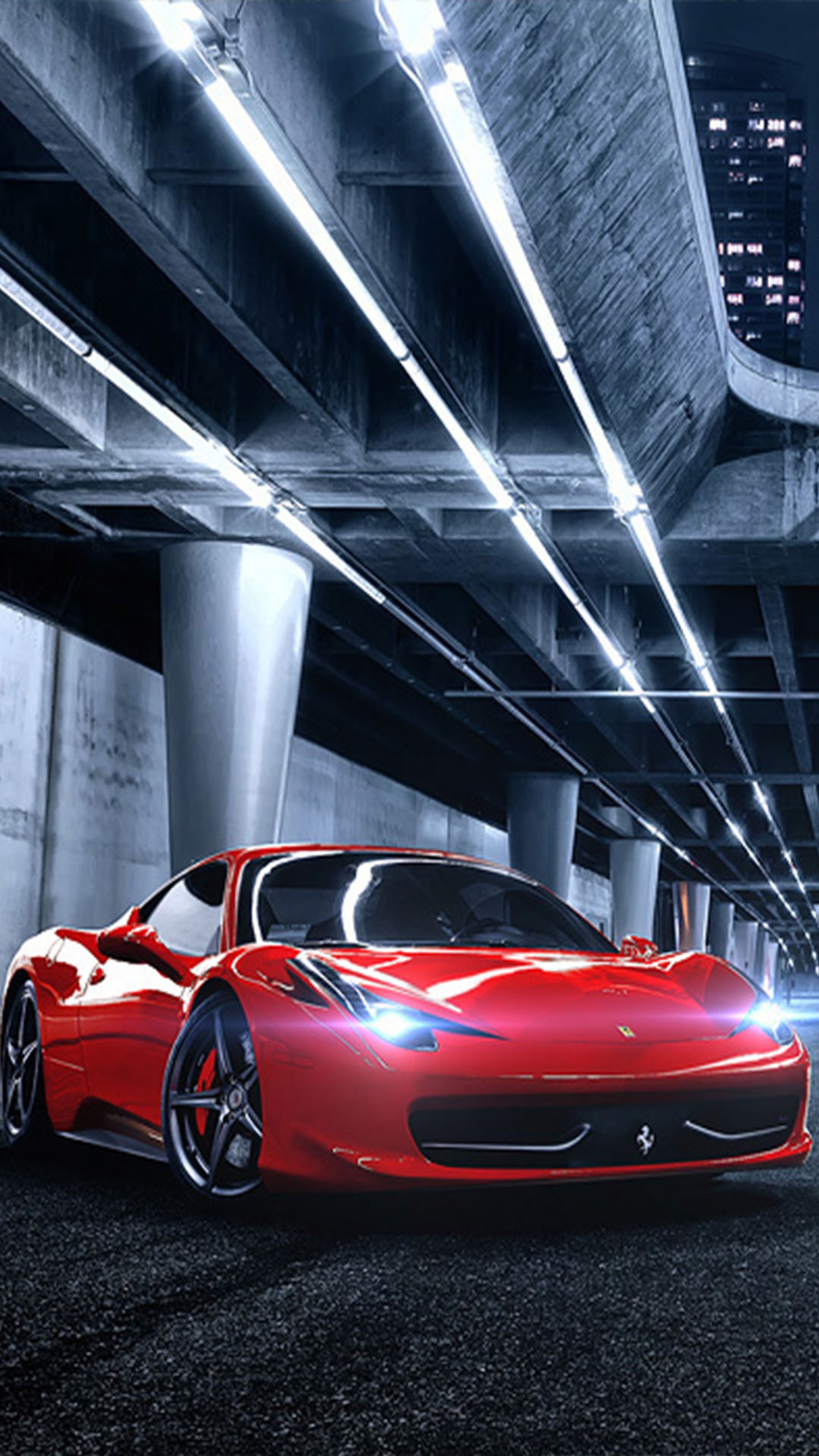 Arafed red sports car in a parking garage with a city skyline in the background (ferrari, red)