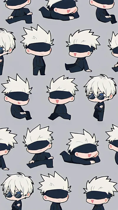 Chibi Satoru Gojo en varias poses sobre un fondo gris