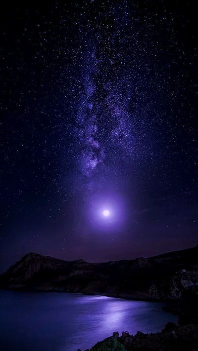 luz de luna, noche, púrpura, cielo, estrellado