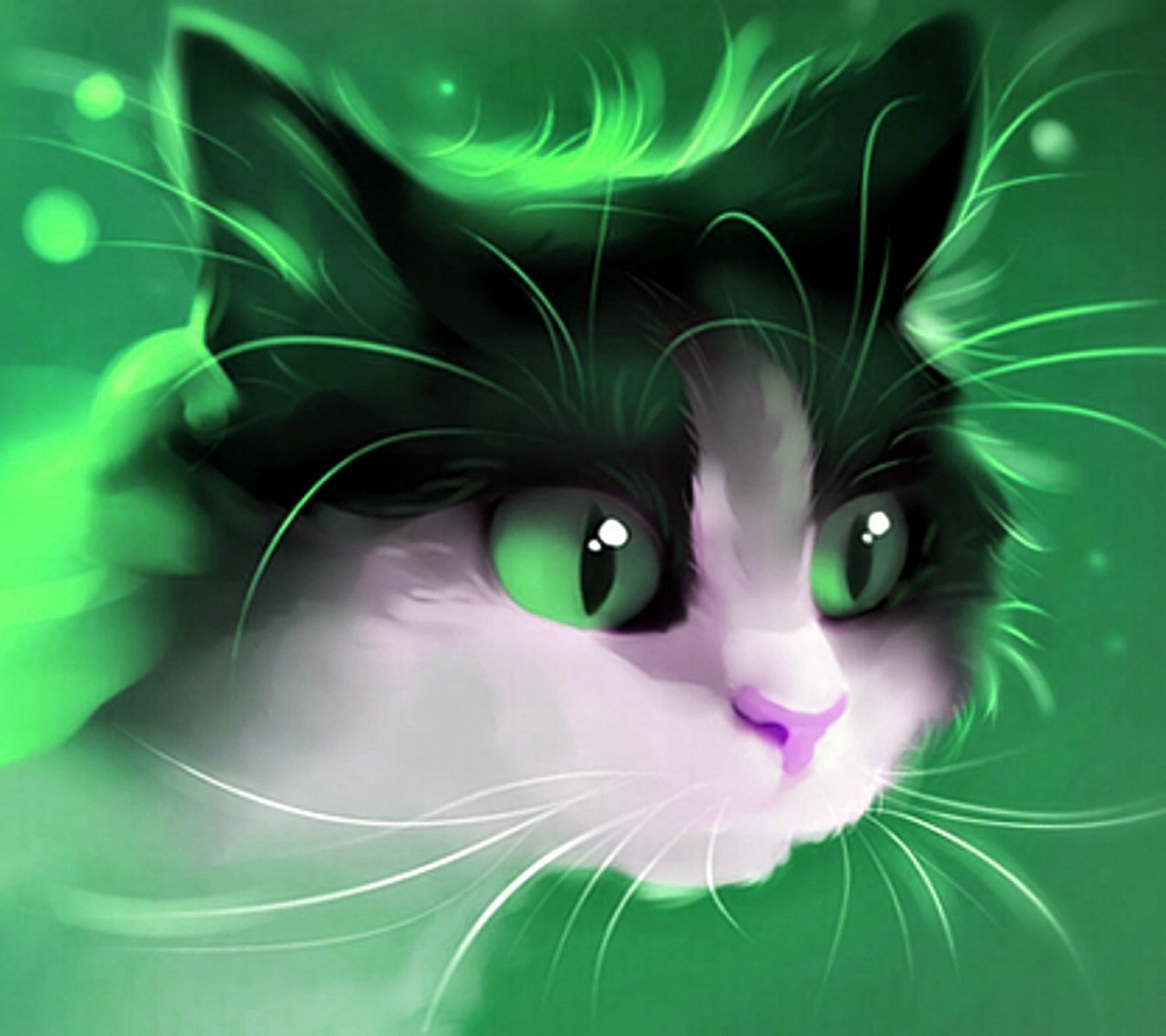 Painting of a black and white cat with green eyes and a green background (cat, green)