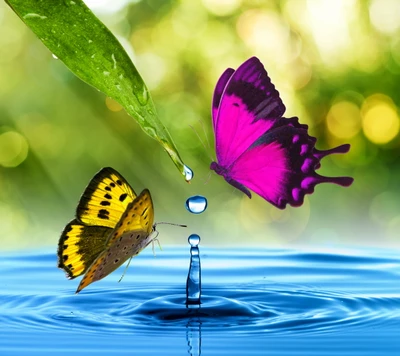 butterfly, drops, leaf, splash, water