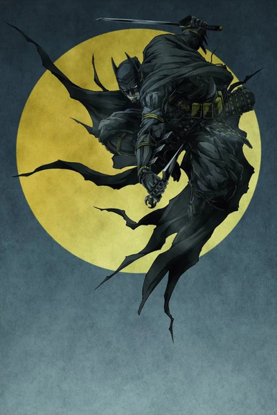 Batman as a shogun, wielding a sword under the moonlit sky.