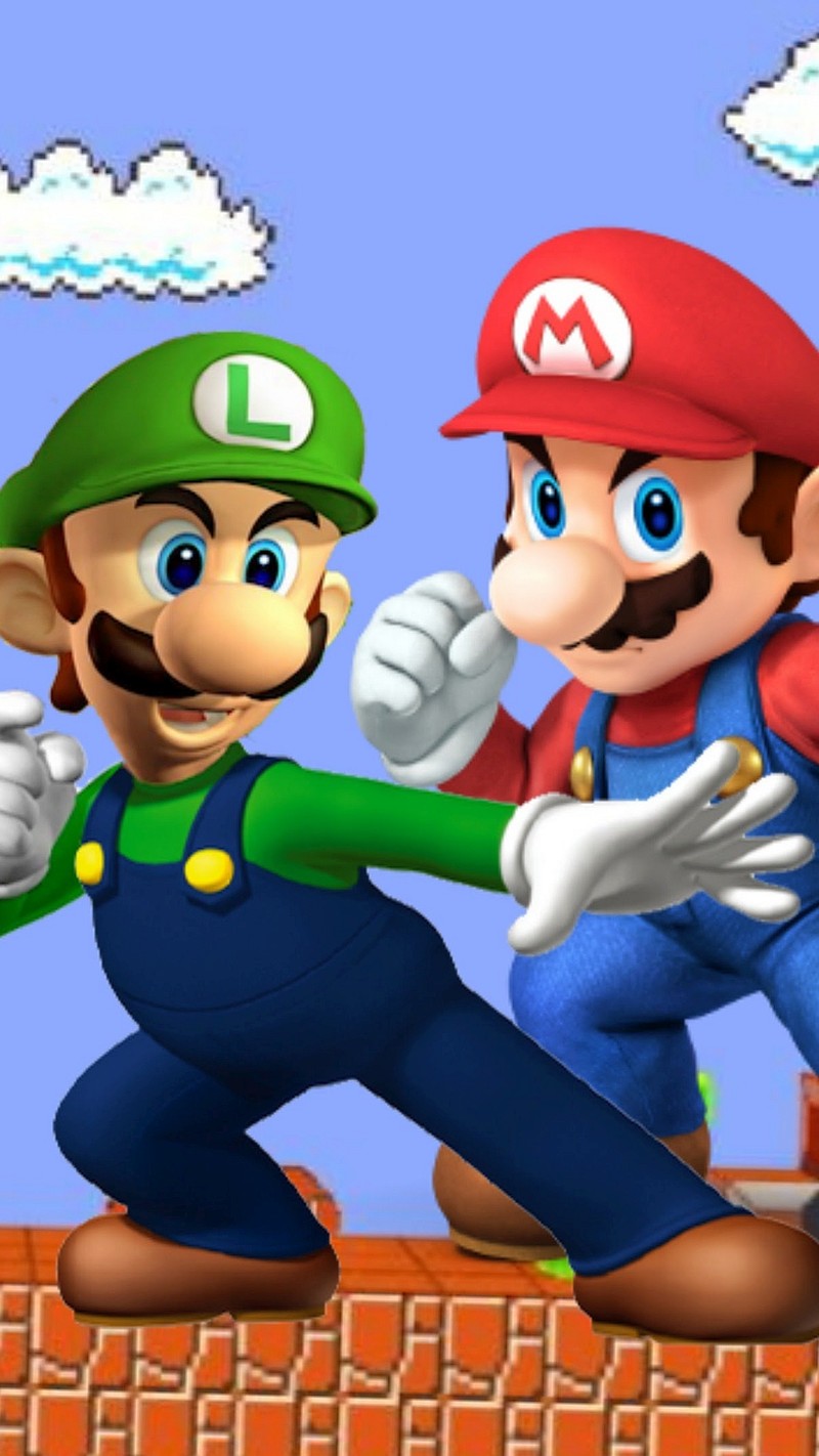 Два персонажа нинтендо играют на кирпичной стене (луиджи, luigi, mario)