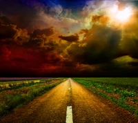 road field background, nuages dans le ciel, sunset colorful