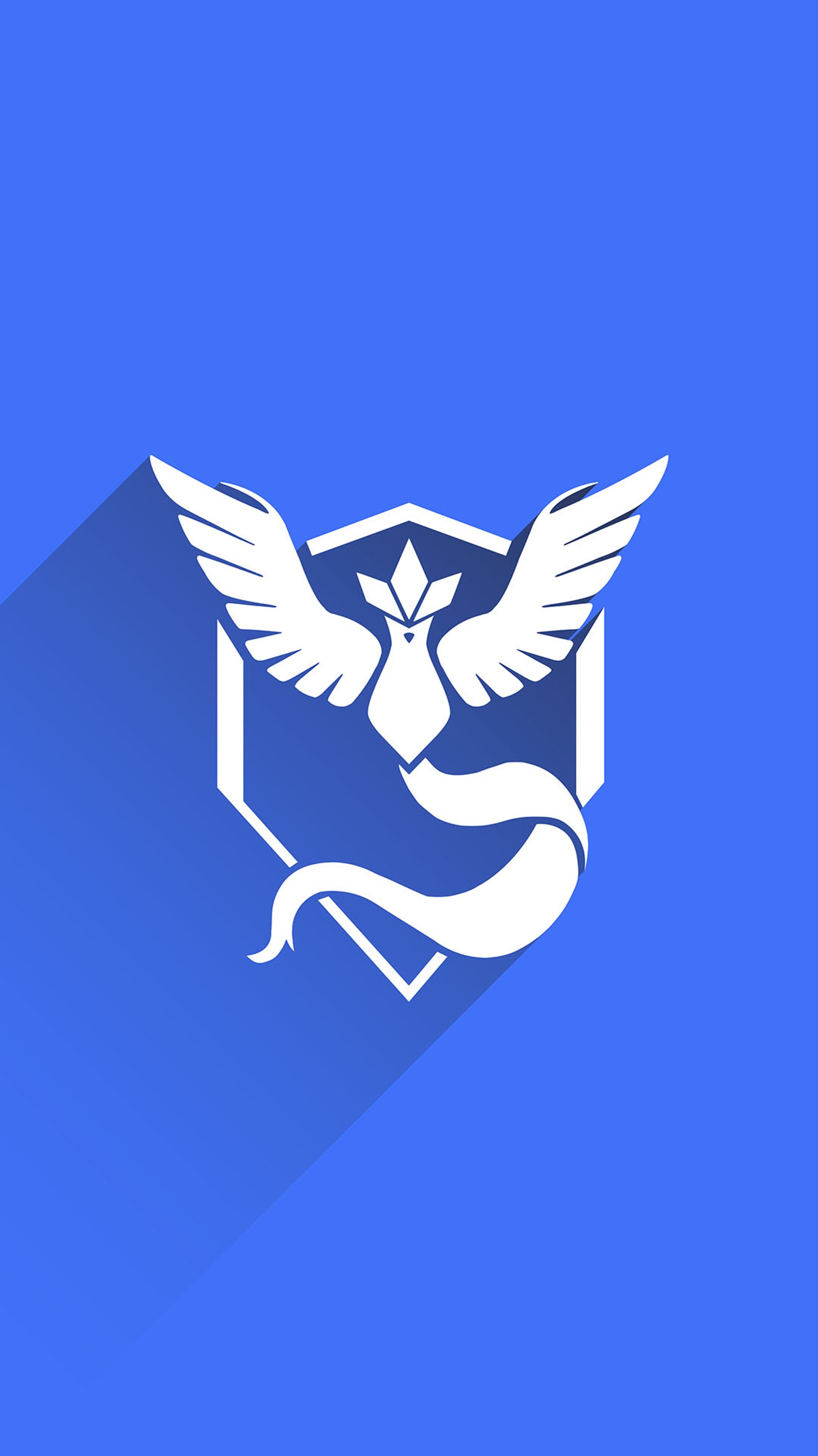 A white bird with wings and a ribbon on a blue background (gaming, go, logo, niantic, nintendo)