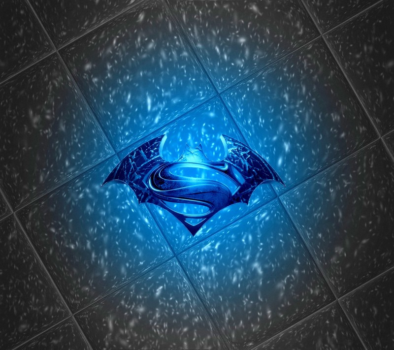 A close up of a superman logo on a tiled floor (blue, glowing, logo, superman)