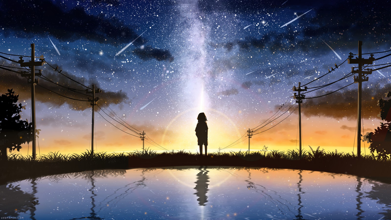 Una mujer de pie frente a un lago mirando las estrellas (atardecer, escenario, anime, arte, silueta)