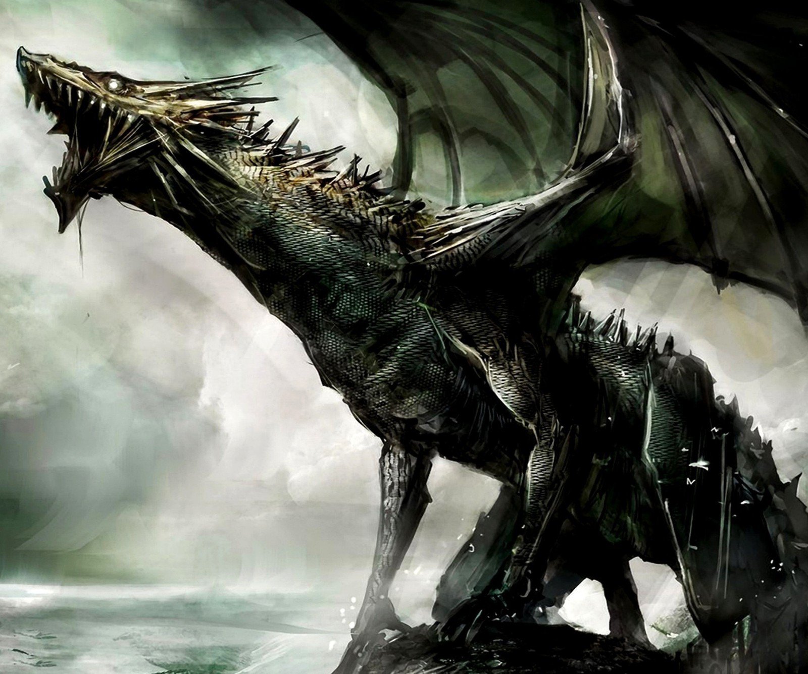 Araffe dragon with large wings and sharp teeth standing on a rock (abstract, art, dragon, fantasy, games)